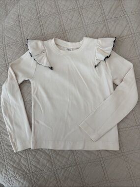 Zara Cream Long Sleeve Top with Black-Trim Ruffle Shoulders